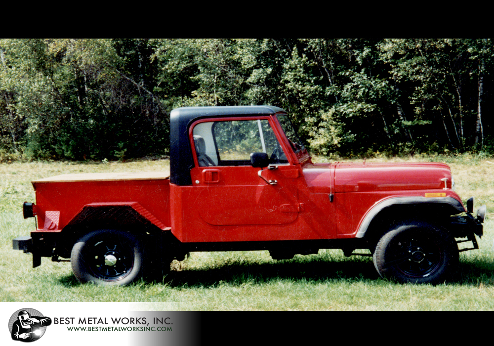 A Jeep Scrambler frame, a rusted CJ 7 tub, and a pile of pieces were converted into a Jeep pickup truck.