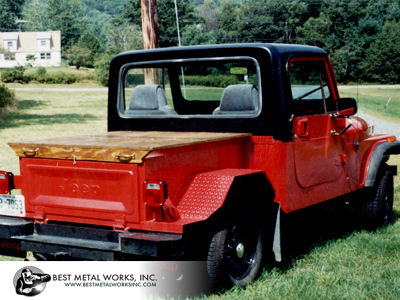 Using a Jeep Scrambler frame, a rusted CJ 7 tub, and various pieces, built the chassis, new brake and gas lines, shortened the tub, added side panels, created a cab, built bed using 1/8" diamond plate steel, added cosmetic components.