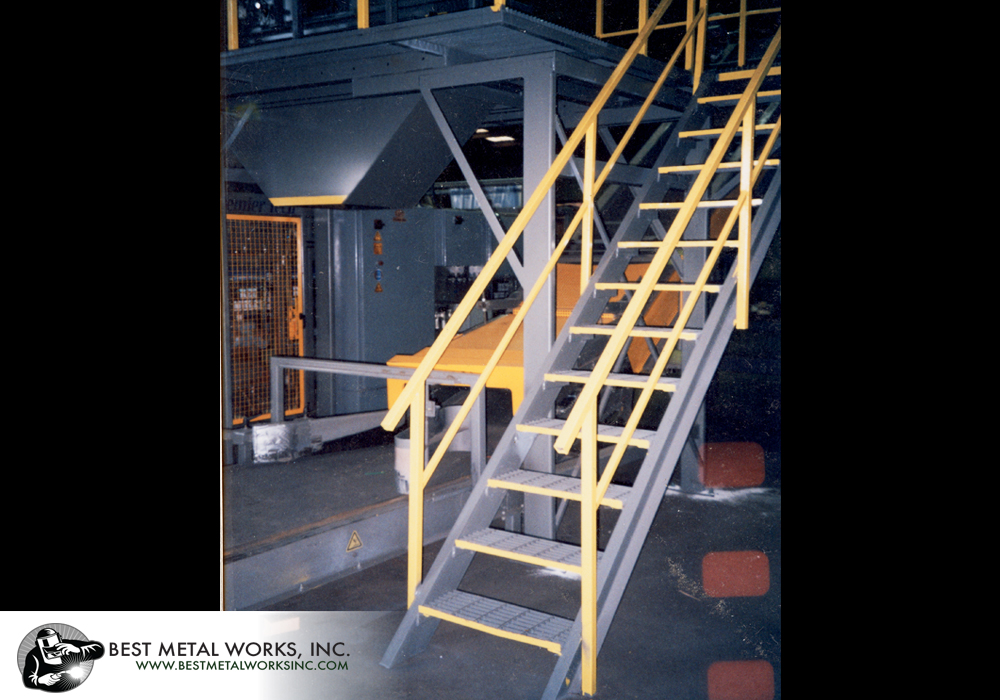 Custom fabrication of stairs, platforms, walkways, and railings for Premier Tech Automatic Bagger
